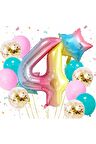 Gökkuşağı Rengarenk 4 Yaş Balon Set Yıldız Balon Folyo Set Konsept Doğum Günü Set Yaş Balon Set