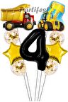 Kamyon Dozer Kepçe Inşaat 4 Yaş Balon Set Yıldız Balon Set Kamyon Inşaat Konsept Doğum Günü Set