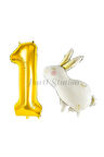 Sevimli Tavşan Rabbit 1 Yaş Balon Set Woodland Konsept Tavşan Balon ve Gold Renk Rakam Balon