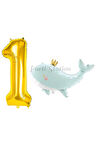 Sevimli Yeşil Balina 6 Yaş Balon Set Deniz Okyanus Canlıları Konsept Balon ve Gold Rakam Balon