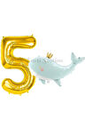 Sevimli Yeşil Balina 6 Yaş Balon Set Deniz Okyanus Canlıları Konsept Balon ve Gold Rakam Balon