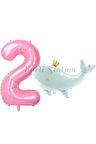 Sevimli Yeşil Balina 7 Yaş Balon Set Deniz Okyanus Canlıları Konsept Balon ve Pembe Rakam Balon