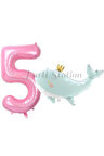 Sevimli Yeşil Balina 7 Yaş Balon Set Deniz Okyanus Canlıları Konsept Balon ve Pembe Rakam Balon