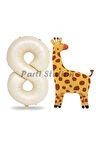 Safari Zürafa Balon 3 Yaş Balon Set Safari Konsept Sevimli Zürafa Balon ve Krem Renk Rakam Balon