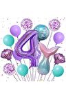 Mor Renk Deniz Kızı Konsept 4 Yaş Rakam Balon Set Deniz Kızı Temalı Doğum Günü Parti Seti