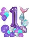Mor Rakam Balon 1 Yaş Deniz Kızı Temalı Doğum Günü Parti Kutlama Seti Konsept 1