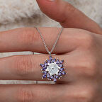 Gümüş Mor Lotus Desenli Çiçek Kadın Kolye