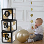 One Yazılı Siyah Kutu ve Balon Seti Bebek 1 Yaş Doğum Günü Kutlama