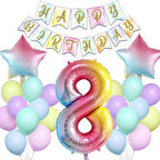 Gökkuşağı Konsepti 8 Yaş Doğum Günü Parti Kutlama Seti; Rakam ve Yıldız Folyo, Banner ve Makaron Balon