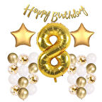 Gold Konsept 8 Yaş Doğum Günü Kutlama Seti; Beyaz Gold Konfetili Balon, Rakam Yıldız Folyo ve Banner