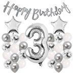 Gümüş Konsept 3 Yaş Doğum Günü Kutlama Seti Beyaz Gümüş Konfetili Balon Rakam Yıldız Folyo ve Banner