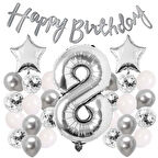 Gümüş Konsept 8 Yaş Doğum Günü Kutlama Seti Beyaz Gümüş Konfetili Balon Rakam Yıldız Folyo ve Banner