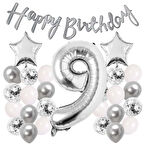 Gümüş Konsept 9 Yaş Doğum Günü Kutlama Seti Beyaz Gümüş Konfetili Balon Rakam Yıldız Folyo ve Banner