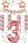 Rose Gold Konsept 3 Yaş Doğum Günü Kutlama Seti; Beyaz Gold Konfetili Balon, Rakam Yıldız Folyo ve Banner