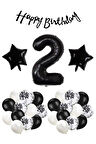 Siyah Konsept 2 Yaş Doğum Günü Kutlama Seti; Beyaz Siyah Konfetili Balon, Rakam Yıldız Folyo ve Banner