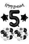Siyah Konsept 5 Yaş Doğum Günü Kutlama Seti; Beyaz Siyah Konfetili Balon, Rakam Yıldız Folyo ve Banner