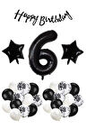 Siyah Konsept 6 Yaş Doğum Günü Kutlama Seti; Beyaz Siyah Konfetili Balon, Rakam Yıldız Folyo ve Banner