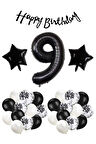 Siyah Konsept 9 Yaş Doğum Günü Kutlama Seti; Beyaz Siyah Konfetili Balon, Rakam Yıldız Folyo ve Banner