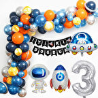 Uzay Temalı Doğum Günü Seti 3 Yaş; 4 Adet Folyo, 60 Lateks Balon, Banner, Balon Zinciri, Balon Bandı
