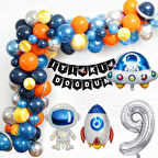 Uzay Temalı Doğum Günü Seti 9 Yaş; 4 Adet Folyo, 60 Lateks Balon, Banner, Balon Zinciri, Balon Bandı