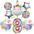 8 Yaş Gökkuşağı Konsepti Unicorn Temalı Doğum Günü Parti Kutlama Seti