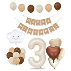3 Yaş Retro Doğum Günü Seti; Krem Rakam Folyo, Banner, Kalp Folyo ve Lateks Balon