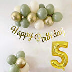 5 Yaş Küf Yeşili Deniz Kumu ve Krom Gold Balonlu Konsept  Doğum Günü Seti