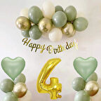 Adaçayı Konsept 4 Yaş Doğum Günü Seti ; Küf Yeşili-Krom Gold- Deniz Kumu ve Adaçayı Kalp Folyo Balon