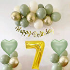 Adaçayı Konsept 7 Yaş Doğum Günü Seti ; Küf Yeşili-Krom Gold- Deniz Kumu ve Adaçayı Kalp Folyo Balon