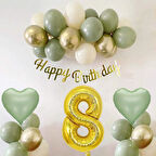 Adaçayı Konsept 8 Yaş Doğum Günü Seti ; Küf Yeşili-Krom Gold- Deniz Kumu ve Adaçayı Kalp Folyo Balon