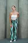 Yüksek bel uzun çok renkli baskılı Palazzo pantolon Yeşil