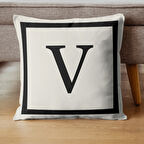 Harfli Kırlent Kılıfı - V Harfi - Hediyelik Dekoratif Kırlent Yastık Kılıfı 43 X 43 Cm Krem-siyah