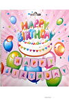 Pembe Zemin Renkli Yazılı Happy Birthday Banner 