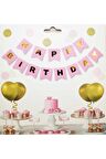 Pembe Üstüne Gold Altın Sarısı Yaldızlı Happy Birthday Yazılı Doğum Günü Partisi Karton Yazı Banner