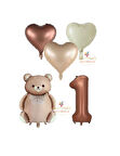 Best Kahverengi Renk Rakam Ayıcıklı ve Kalpli Folyo Balon Seti Yaş 1