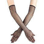 Siyah İncili Elmas File Örgü Uzun Eldiven