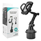 Araç İçi Bardaklık Girişli Telefon Tutucu Ayarlanır Tabanlı ve Esnek Kol, 360° Dönen Kıskaçlı Tutucu