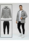 Unisex Pelüş Gri Ceket Ve Siyah Eşofman Kombini Alt Üst