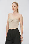 Bej Kumaş Kadın Ultra Soft Straplez Crop Bluz