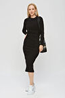 Siyah Bisiklet Yaka Uzun Kollu Likralı Uzun Elbise