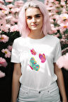Uçan Kelebekler Baskılı Beyaz Kadın T-Shirt