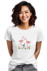 Flamingo Bahçesi Baskılı Beyaz Kadın T-Shirt