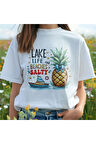 Lake Life Cuz Beaches Satly Baskılı Unisex Regular Fit Pamuklu Beyaz Tişört