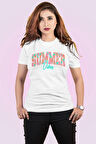 Summer Vibes Turkuaz Yaz Temalı Baskılı Unisex Regular Fit Pamuklu Beyaz Tişört