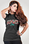 Summer Vibes Turkuaz Yaz Temalı Baskılı Unisex Regular Fit Pamuklu Siyah Tişört