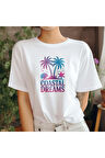 Coastal Dreams Baskılı Yaz Temalı Unisex Regular Fit Pamuklu Beyaz Tişört