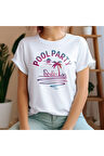 Pool Party Baskılı Yaz Temalı Unisex Regular Fit Pamuklu Beyaz Tişört