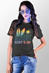 Surf'S Up Baskılı Yaz Temalı Unisex Regular Fit Pamuklu Siyah Tişört