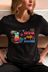 Drink Up Beaches Baskılı Yaz Temalı Unisex Regular Fit Pamuklu Siyah Tişört