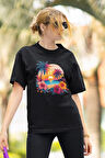 Gün Batımı Baskılı Tropikal Hayvanlar Unisex Regular Fit Pamuklu Siyah Tişört
